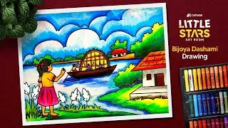 Bijoya Dashami drawing | Durga Puja drawing with oil pastels | Rang Canvas Littlestars