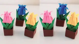Origami miniature paper tulip pot tutorial🌷| DIY | Papercraft | Cute | Easy flower | 折り紙 | 종이접기 | 摺紙