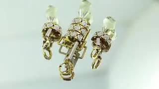 18K Yellow Gold Natural Round Diamond & Lemon Quartz Slider Drop Design Pendant Earring Set