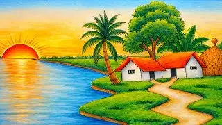 How to Draw Easy Village Scenery Drawing with Sunset and River 🌅 | Step by Step for Beginners