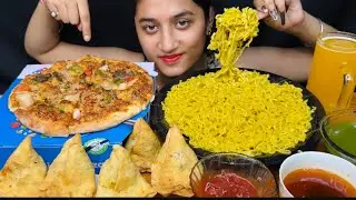 EATING SPICY MASALA MAGGI,CHEESY PIZZA,ALOO SAMOSA ,ORANGE JUICE ||FOOD VIDEOS MUKBANG