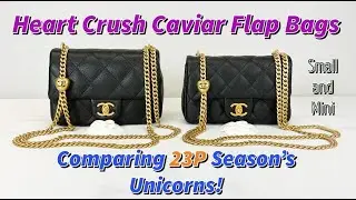 Comparing 23P Season's Unicorns: Small and Mini Size Heart Crush Caviar Flap Bags.