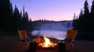 Spring Campfire by a Waterfall at Dusk 🔥💧 Cozy Nature Sounds for Sleep & Deep Relaxation