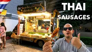 Eating Thai sausages from a food truck