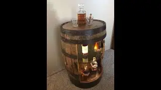 WHISKEY BOURBON BARREL BAR DISPLAY CABINET, glass shelf, lazy-susan bottom, and LED lights, wood-top