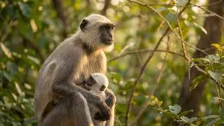 Baby Langur Monkey drinking Mom breast Milk