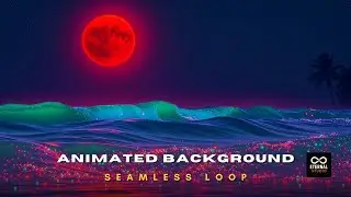 Animated Background - Moonlight Tropical Beach | Red Moon Nighttime Magical Neon Surreal Waves