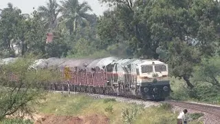 Covered BOXN Rake curves with Twin WDG 4 Locomotive on lead - Indian Railways
