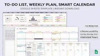 Daily Schedule, Weekly Plan, To-Do List, Smart Calendar - Task Tracker - Google Sheets Template