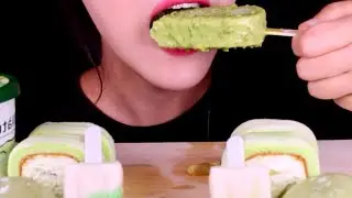 ASMR Green Desserts, Bubble Tea, Icecream and Cake Eating Show, 2x Speed, Big Bites @sohnasmr5845 