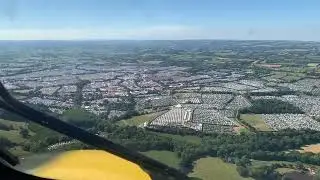Aerial view approaching Glastonbury Festival 2023
