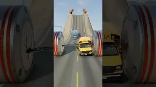 Cars & School Bus vs Chained Hydraulic Crush #car #bike #fly #cartoon