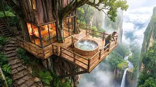 Building Tree House on a High Cliff Above aWaterfall (ASMR)