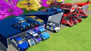 TRANSPORTING CARS, AMBULANCE, POLICE CARS, FIRE TRUCK OF COLORS! WITH TRUCKS! - FS 22