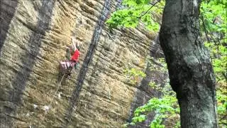 Drew Ruana (12) redpointing God's Own Stone 14a at Red River Gorge, KY