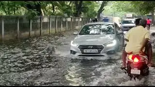 No respite for commuters in KK Nagar who had to drive through a water-logged road on Friday