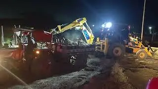 Night Jcb working JCB 3DX Loading gravel 3 Tractor for Making New Temple Road in Villages 