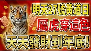 生肖虎，明天12月27號，農曆十一月初八是「司命黃道日」，你穿這顏色必發財！天天發財到年底！#生肖虎 #屬虎 #生肖虎運勢 #財運 #偏財 #轉運 #屬虎運勢 #幸運顏色 #發財 #招財顏色 #招財