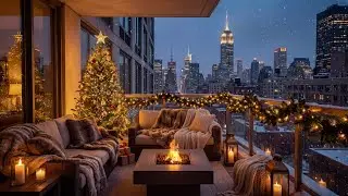 New York City Evening Winter Gentle Snowy Balcony Ambience 😴🎄❄️ (Fireplace, City Sound)
