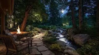 Nighttime Sounds Lull Soul:  Wooden House in the Garden with Sound of Stream and Fire