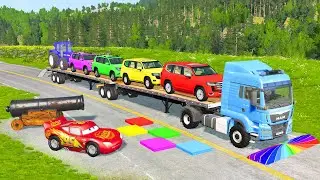 Flatbed Truck McQueen | Перевозка на грузовике &mdash; Выбоина против машины №20 | Геймплей BeamNG.Drive