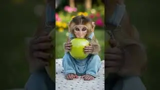 Cute Baby Monkey in Blue Outfit Eating Guava Enjoying Sweet Treat #babymonkey #cuteanimals #guava