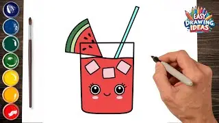 How to Draw a Cute Glass of Watermelon Juice - Easy Kawaii Drawing for Kids & Beginners