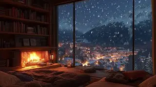 Cozy Library Cabin Ambience | Crackling Fire & Winter Storm for Productive Study and Focus