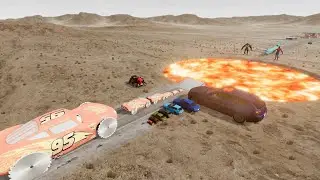 Big & Small Lightning McQueen and the  Cars take on Lava Pithole at high speed 