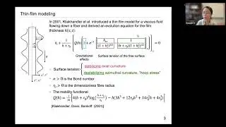 On travelling wave solutions of a model of a liquid film flowing down a fibre