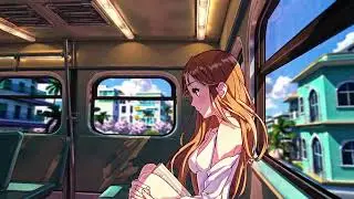 Anime,woman on a train,spring,wind blowing through the window,gentle sunlight shining in,Miami Beach