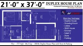 21x37 Ghar ka Naksha | 777 Sqft House Plan | 86.3 Gaj ka Makan | 3BHK | Duplex House | 72 sqm House