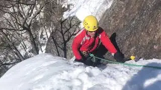 Guided multi-pitch ice and mixed climbing in Camden, Maine.