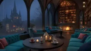 Gothih Bedroom Fireplace Night with Roof Rain, Forest Rain & Flowing Piano for Deep Healing