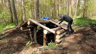 Building a Hidden Log Shelter Alone in the Forest - Bushcraft Survival