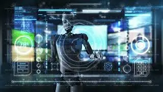 An AI robot interacting with a futuristic interface of digital screens