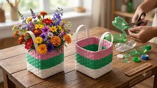 Creative gift basket ideas from waste plastic bottle/diy/best out of waste plastic bottle craft🧺