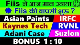 Fiis Shocking Data🔴 Bonus 1:10🔴 Suzlon🔴 Adani Case News🔴 RVNL🔴 IRFC🔴 Asian Paints🔴 Kaynes Tech🔴 SMKC