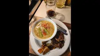 Red Lentil Soup With Garlic Zucchini Paddies and Potato-Yam Mix