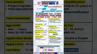 BEL Recruitment 2025 &ndash; Apply Online for 67 Field Operation & Project Engineer #shorts #job #govtjobs
