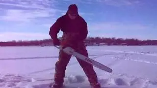 cutting ice with chainsaw for spearing