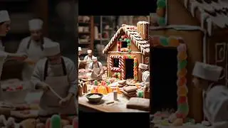 tiny bakers constructing a gingerbread house. Some are sticking gumdrops onto the roof,