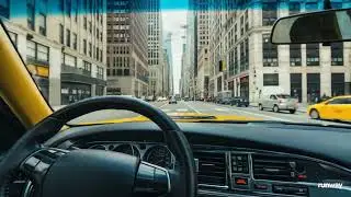 POV driving through busy Manhattan streets in a yellow taxi, first person perspective from driver's