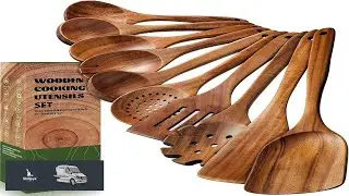 Terlulu 10 Pcs Wooden Spoons for Cooking Natural Teak Wooden Kitchen Utensils
