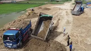 Amazing small clearanig team pushes a Komatsu mini dozer with damp 5t moving to the grass