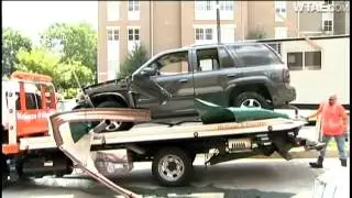 SUV crushes porta potty on Mercedes in Pitt construction area