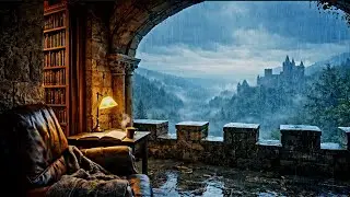 The Library Balcony | 4K Heavy Rain Sounds for Study, Focus & Anxiety Relief