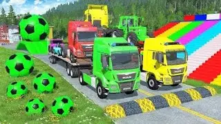 Flatbed Trailer McQueen Transportation with Truck - Speedbumps vs Cars vs Train - BeamNG.Drive #18