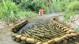 The girl uses a series of fish traps to catch large fish in the river.