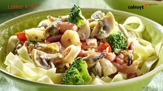Recept Tagliatelle met zeevruchten, spek en groenteroomsaus - Colruyt